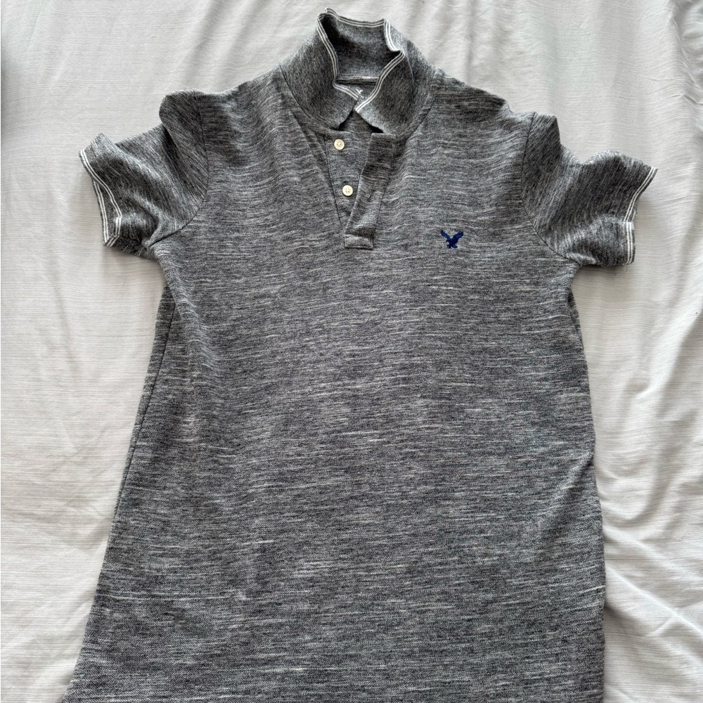 American Eagle Outfitters Heather Gray Polo with Navy Logo